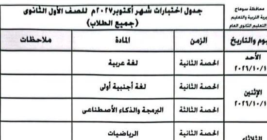 تعليم سوهاج تعلن جدول اختبارات شهر أكتوبر للصف الأول الثانوي للعام الدراسي 2026/2027